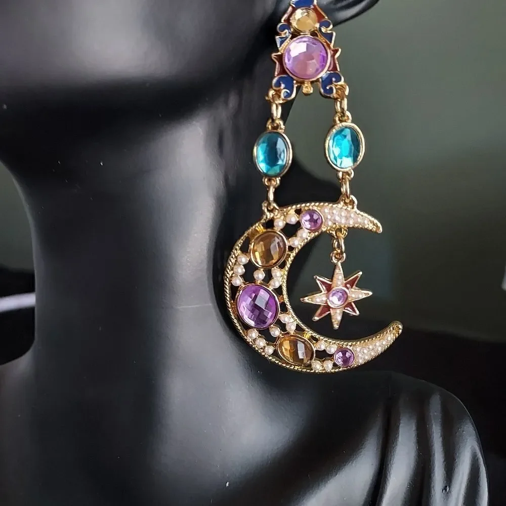 CRYSTAL PEARL CELESTIAL MOON AND SUN STAR DANGLE EARRINGS